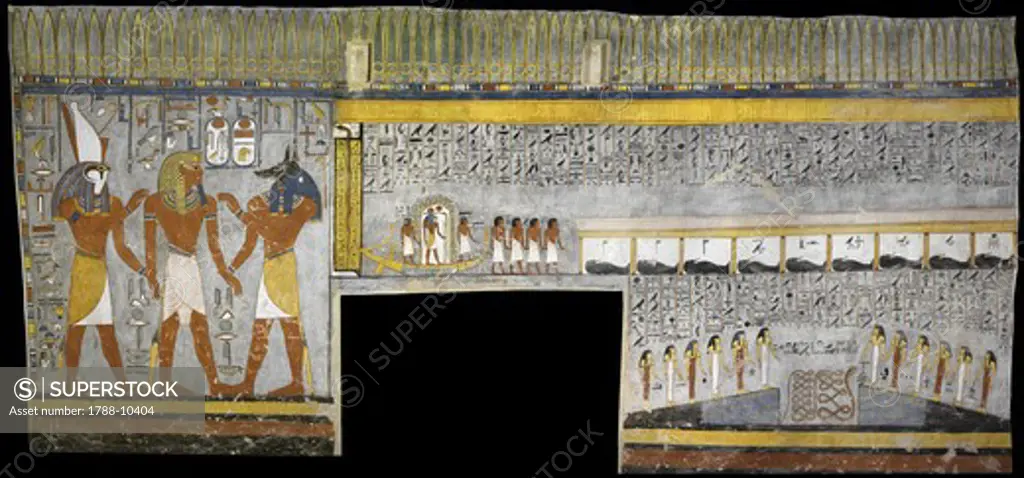 Egypt, Thebes, Luxor, Valley of the Kings, Tomb of Ramses I, mural painting of Pharaoh between Harsiesis and Anubis, from nineteenth dynasty