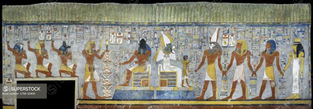 Egypt, Thebes, Luxor, Valley of the Kings, Tomb of Ramses I, mural painting of Pharaoh kneeling between Harsiesis and Anubis, from nineteenth dynasty