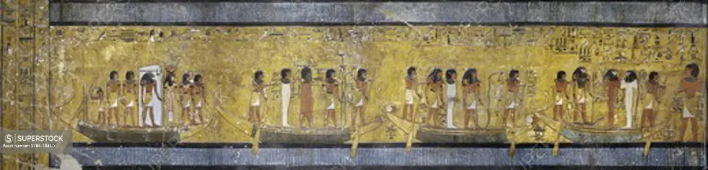 Egypt, Thebes, Luxor, Valley of the Kings, Tomb of Seti I, mural painting of people on boats from 19th dynasty in burial chamber