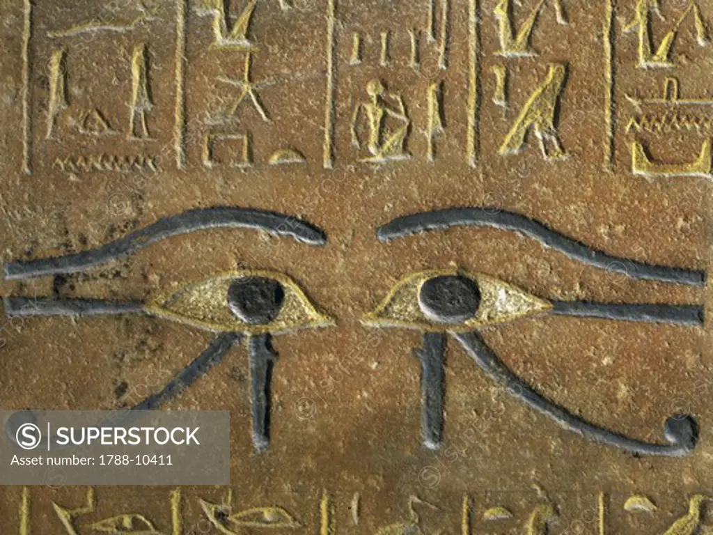 Egypt, Thebes, Luxor, Valley of the Kings, Tomb of Thutmose IV, mural painting of eyes from 18th dynasty in burial chamber