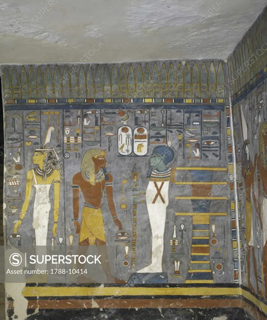 Egypt, Thebes, Luxor, Valley of the Kings, Tomb of Ramses I, mural painting of Ma'at, pharaoh and Ptah, in burial chamber from 19th dynasty