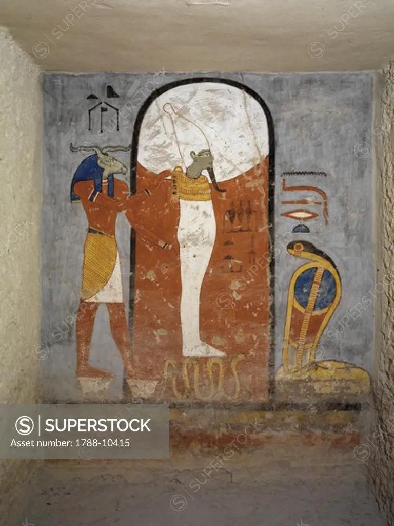 Egypt, Thebes, Luxor, Valley of the Kings, Tomb of Ramses I, mural painting of Ram-head god, Osiris and snake-goddess Nesert from 19th dynasty burial chamber