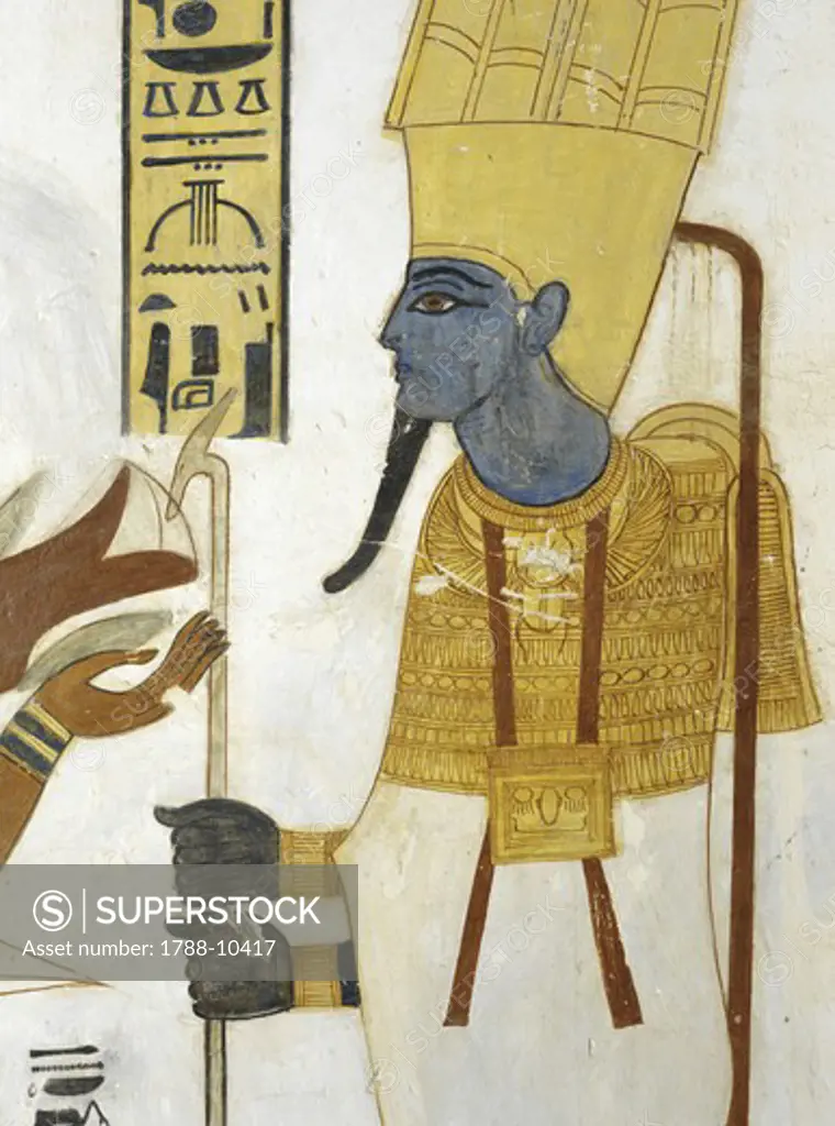 Egypt, Thebes, Luxor, Valley of the Kings, Tomb of Prince Mentuherkhepeshef, mural painting of god Osiris receiving bird in offering, 20th dynasty