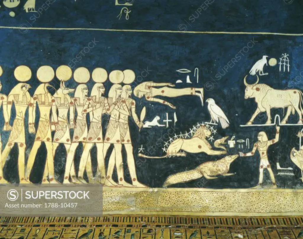 Egypt, Thebes, Luxor, Valley of the Kings, Tomb of Seti I, ceiling mural paintings of symbolic representation of stars and constellations in burial chamber from 19th dynasty