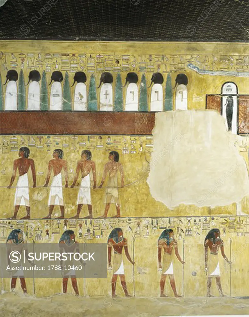 Egypt, Thebes, Luxor. Valley of the Kings, Tomb of Seti I, mural paintings in Burial chamber from 19th dynasty