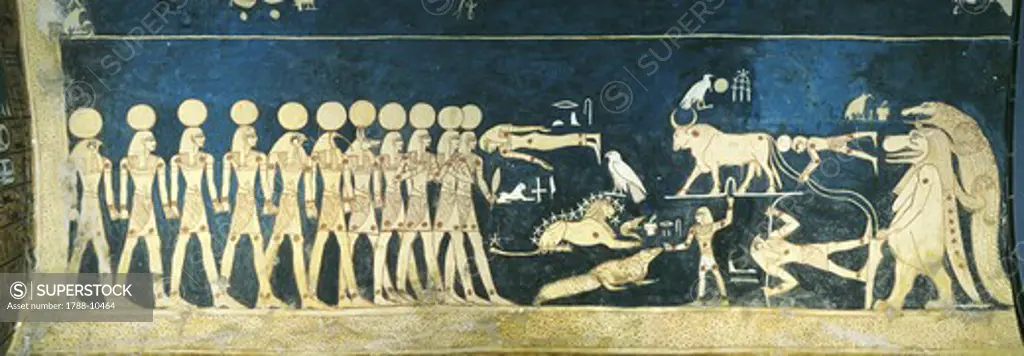 Egypt, Thebes, Luxor. Valley of the Kings, Tomb of Seti I, mural paintings of stars and constellations on ceiling of Burial chamber from 19th dynasty