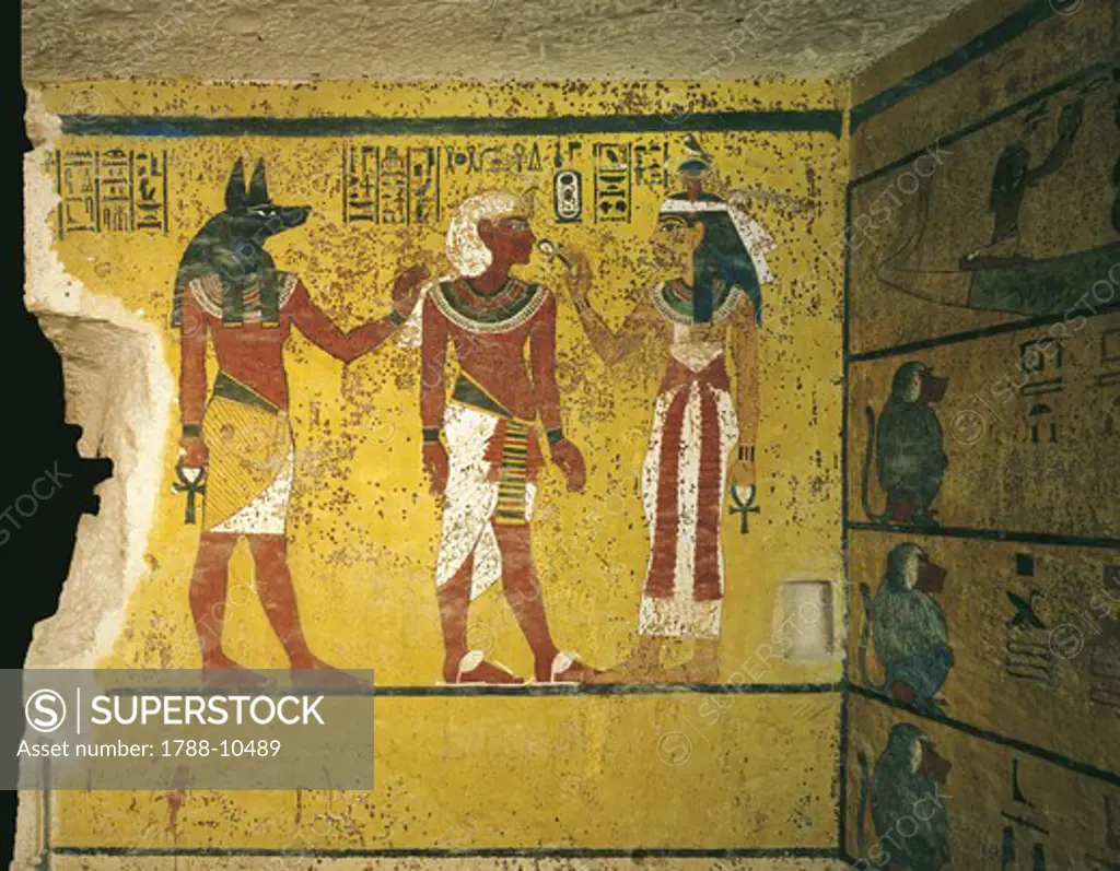 Egypt, Thebes, Luxor. Valley of the Kings, Tomb of Tutankhamen, mural paintings of pharaoh receiving symbol of eternal life 'ankh' from sky goddess Hathor in presence of Anubis, from 18th dynasty