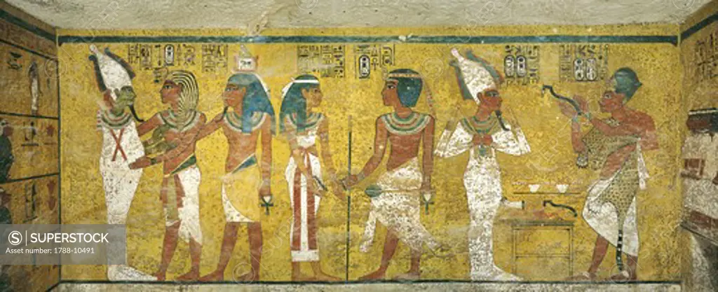 Egypt, Thebes, Luxor. Valley of the Kings, Tomb of Tutankhamen, mural paintings of Pharaoh and Ka meeting Osiris in Burial chamber from 18th dynasty