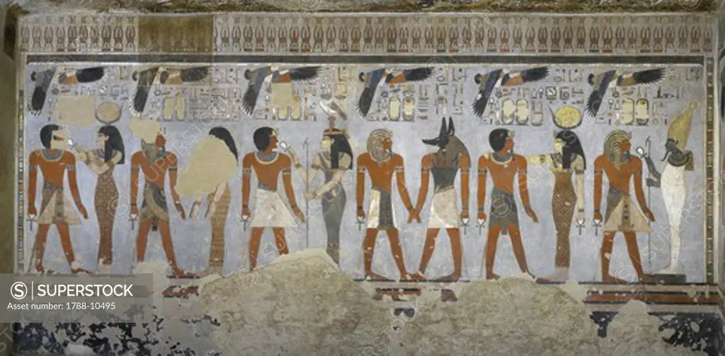 Egypt, Thebes, Luxor. Valley of the Kings, West Valley, Tomb of Amenhotep III, mural paintings of Pharaoh and Ma'at in Burial chamber from 18th dynasty