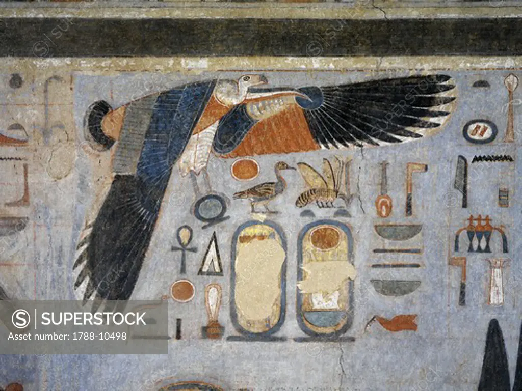 Egypt, Thebes, Luxor. Valley of the Kings, West Valley, Tomb of Amenhotep III, mural paintings of Vulture goddess Nekhbet grasping amulet in claws for protection, from 18th dynasty