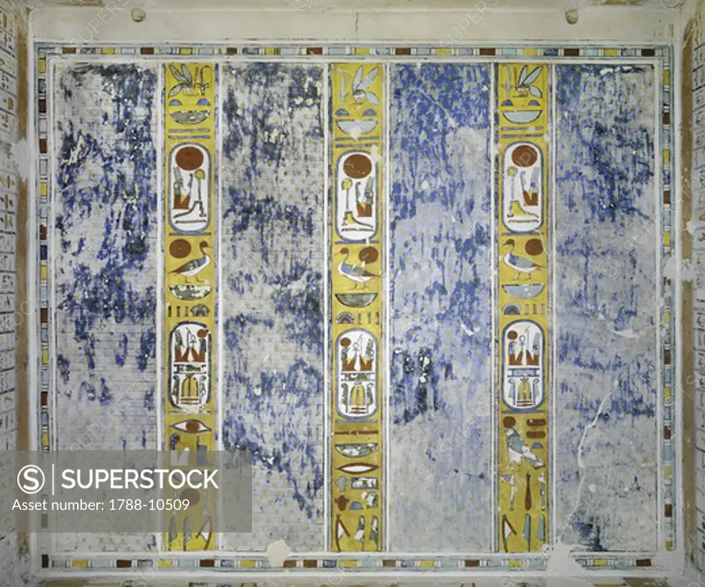 Egypt, Thebes, Luxor, Valley of the Kings, Tomb of Ramses IV, mural paintings of Cartouches enclosing kings names on ceiling, from twentieth dynasty