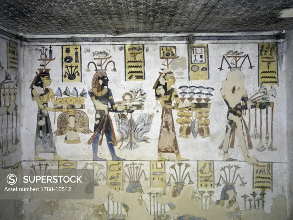 Egypt, Thebes, Luxor, Valley of the Kings, Tomb of Ramses III, mural painting of ritual offerings, from twentieth dynasty