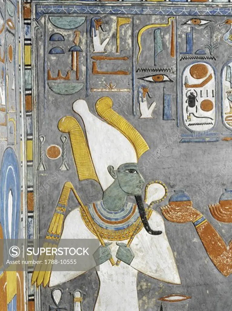 Egypt, Thebes, Luxor, Valley of the Kings, Tomb of Horemheb, mural painting of Osiris, from nineteenth dynasty