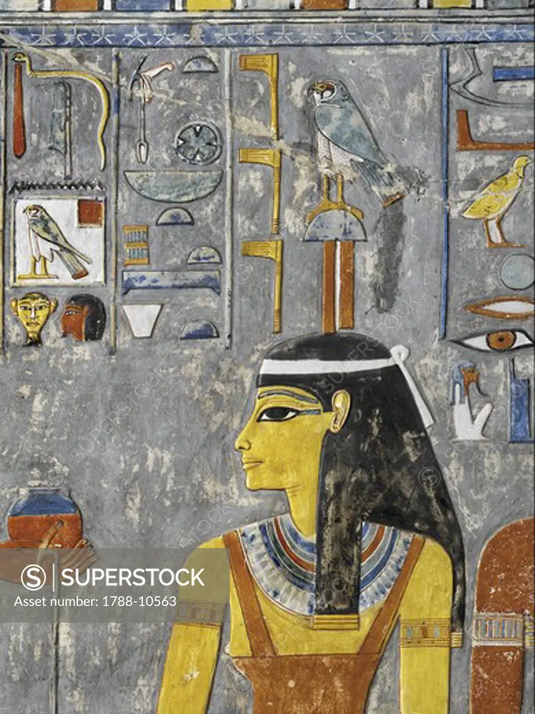 Egypt, Thebes, Luxor, Valley of the Kings, Tomb of Horemheb, Vestibule, Mural paintings, Hathor-Imentet