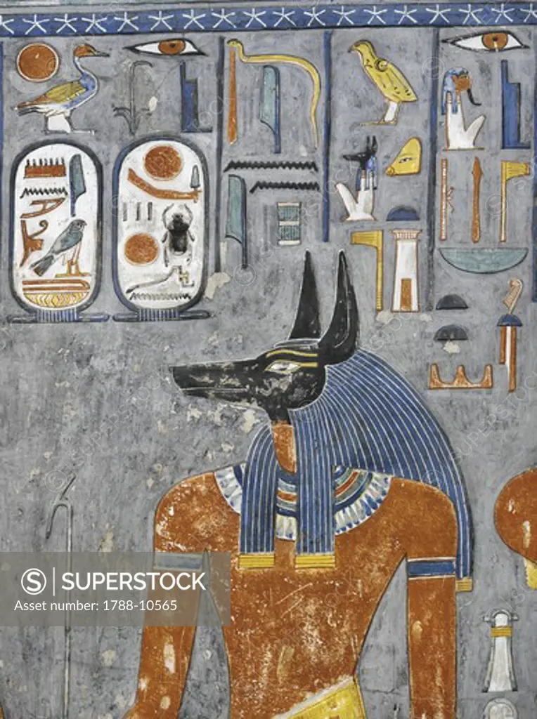 Egypt, Thebes, Luxor, Valley of the Kings, Tomb of Horemheb, Vestibule, Mural paintings, Anubis