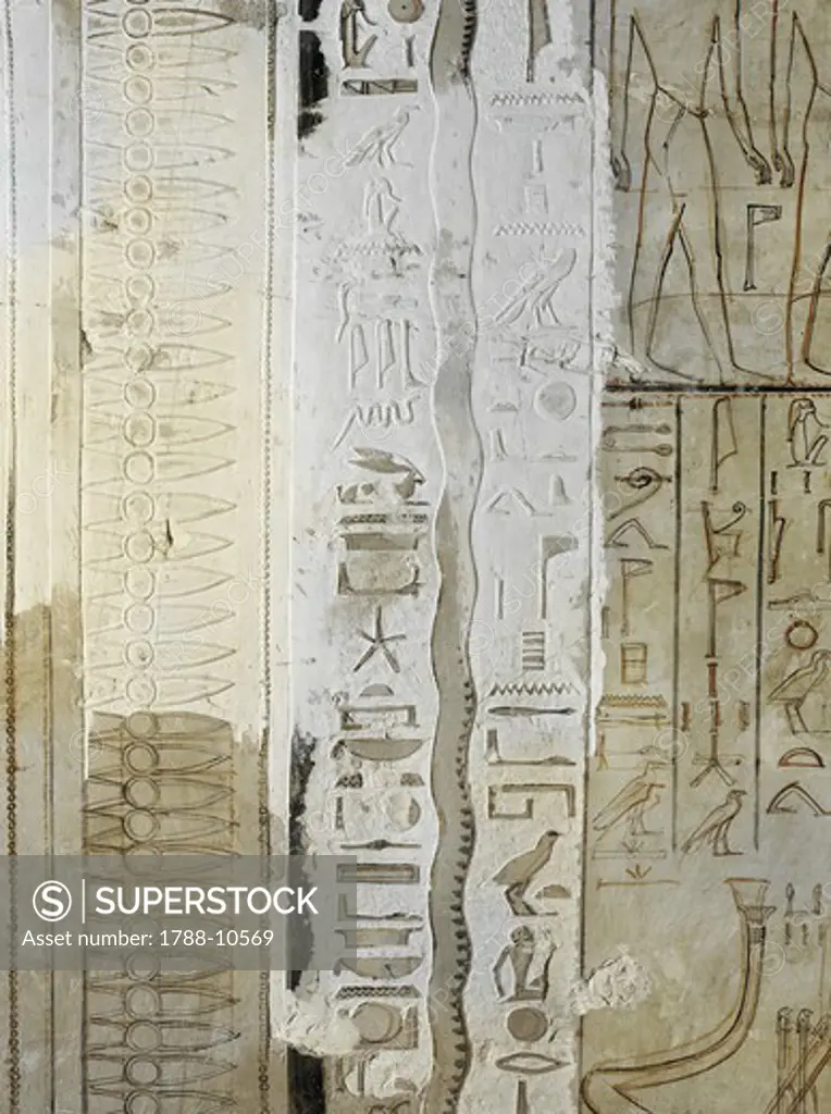 Egypt, Thebes, Luxor, Valley of the Kings, Tomb of Horemheb, Burial chamber, Unfinished mural paintings