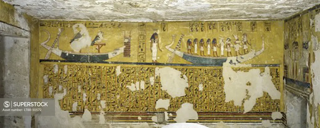 Egypt, Thebes, Luxor, Valley of the Kings, West Valley, Tomb of Ay, Burial chamber, Western wall, Mural paintings, Illustrated Amduat