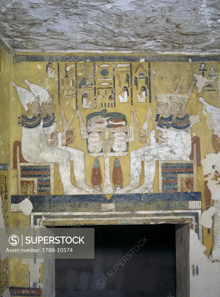 Egypt, Thebes, Luxor, Valley of the Kings, West Valley, Tomb of Ay, Architrave at access to annex of burial chamber, Mural paintings, Divinities at offerings table