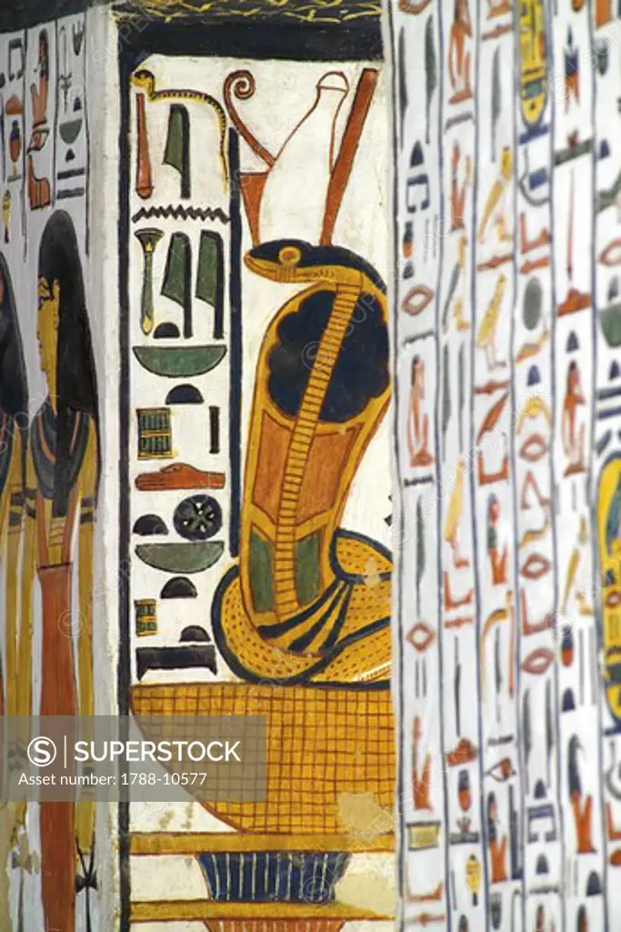 Egypt, Thebes, Luxor, Valley of the Queens, Tomb of Nefertari, Burial chamber, Mural paintings, Uraeus serpent