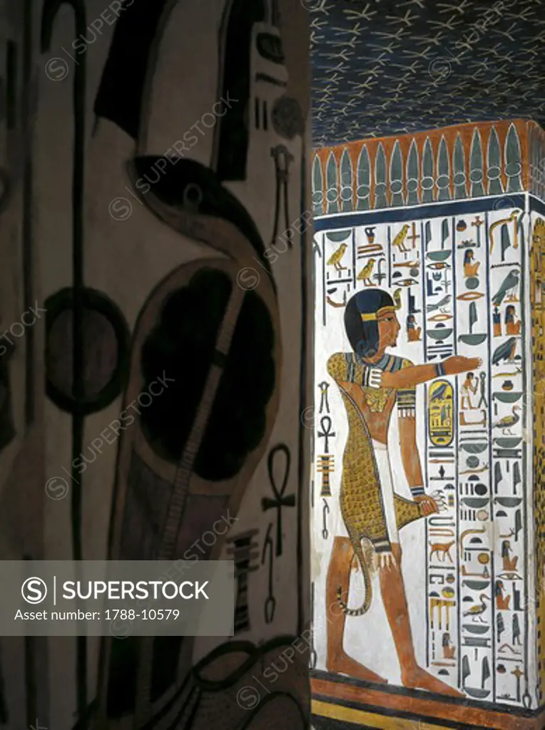 Egypt, Thebes, Luxor, Valley of the Queens, Tomb of Nefertari, Burial chamber, Mural paintings, 'Iun-mutef' Horus
