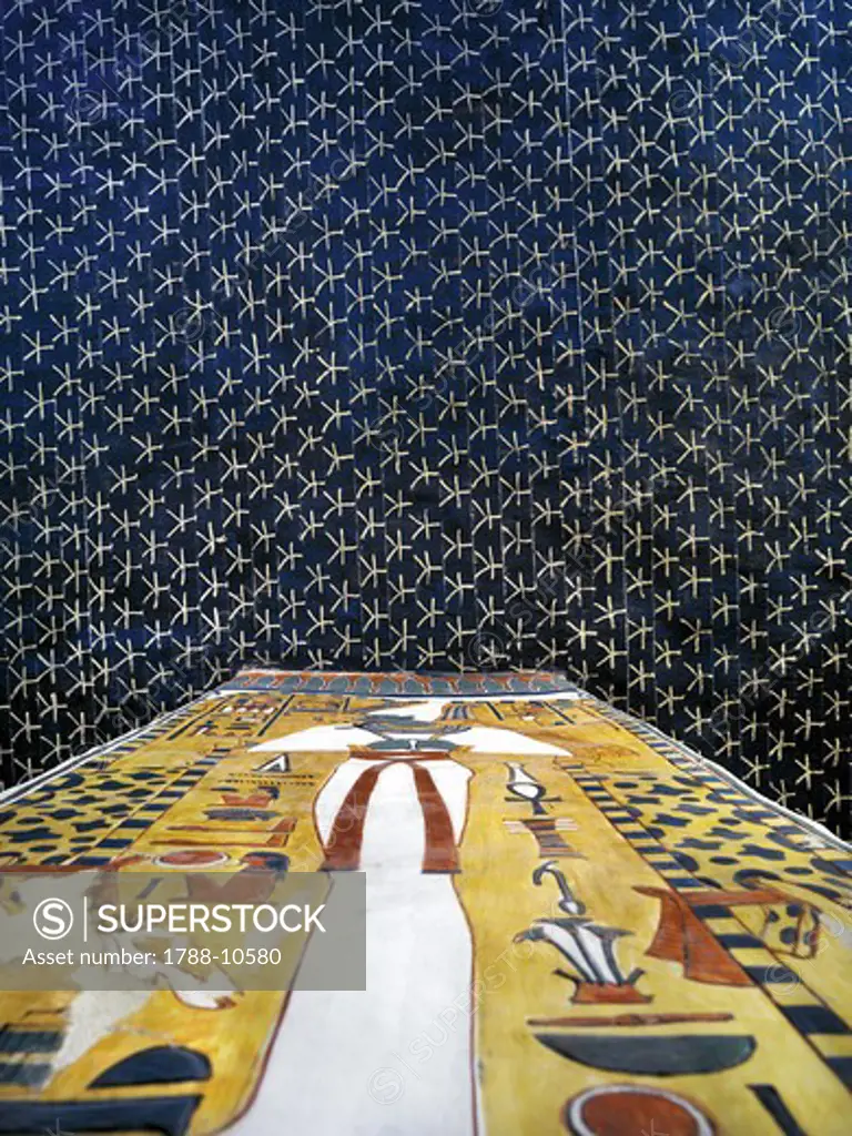 Egypt, Thebes, Luxor, Valley of the Queens, Tomb of Nefertari, Burial chamber, Mural paintings, Starry sky vault and Osiris pillar, Red belt symbolizes assimilation of Osiris and Nefertari, View from below