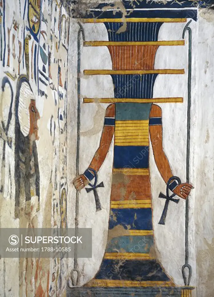 Egypt, Thebes, Luxor, Valley of the Queens, Tomb of Nefertari, Annex to burial chamber, Mural paintings, 'Djed' pillar represents Osiris' backbone bearing resurrection bone marrow within, Has arms and hands holding ankh