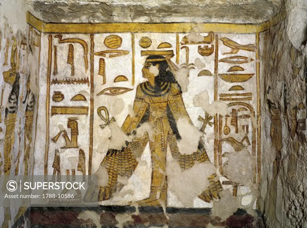 Egypt, Thebes, Luxor, Valley of the Queens, Tomb of Nefertari, Burial chamber, Niche, Mural paintings, Goddess Ma'at