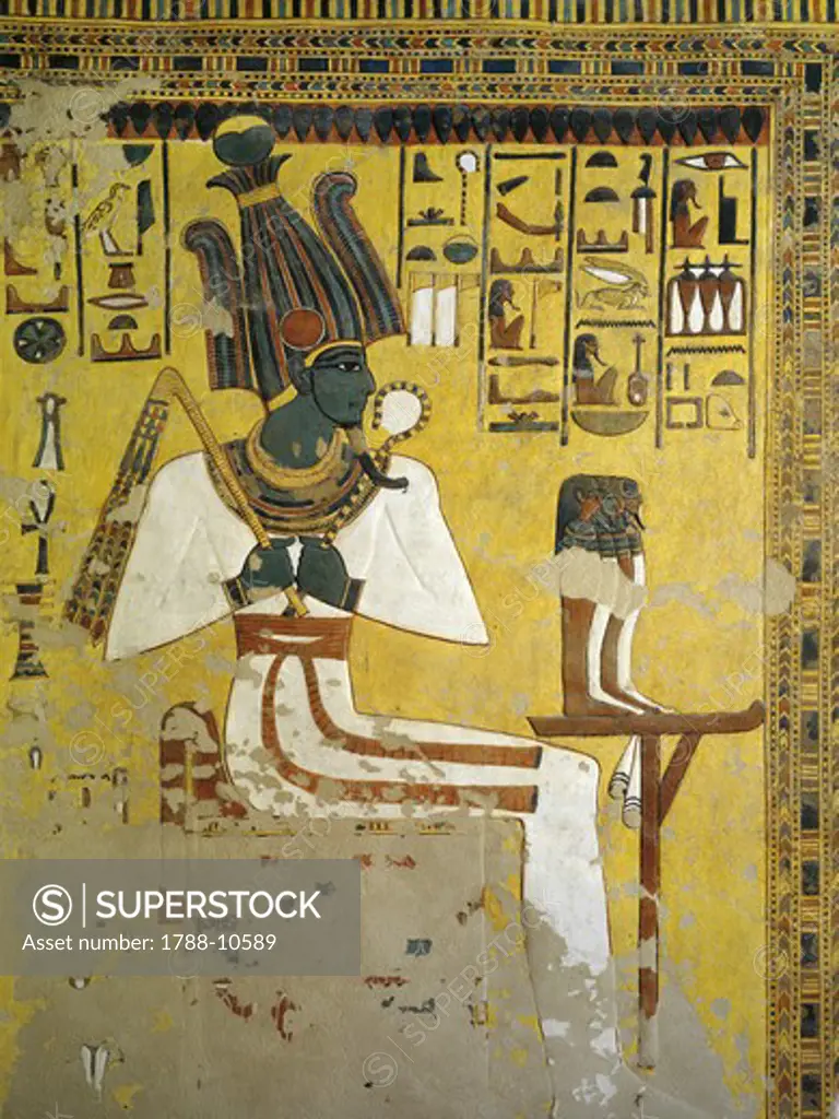 Egypt, Thebes, Luxor, Valley of the Queens, Tomb of Nefertari, Antechamber to burial chamber, Mural paintings, Osiris, Red belt symbolizes assimilation of Osiris and Nefertari