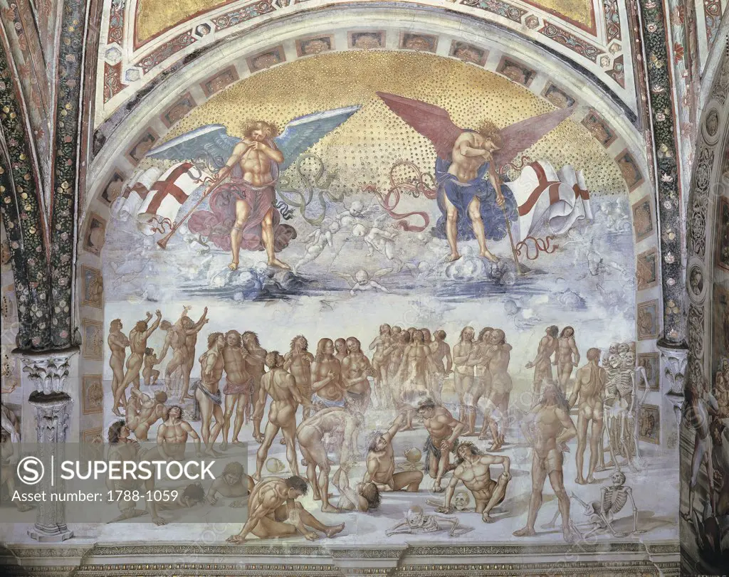 Close-up of a fresco in a cathedral, Resurrection Of The Flesh, Luca Signorelli by L. Signorelli, Orvieto, Umbria Region, Italy