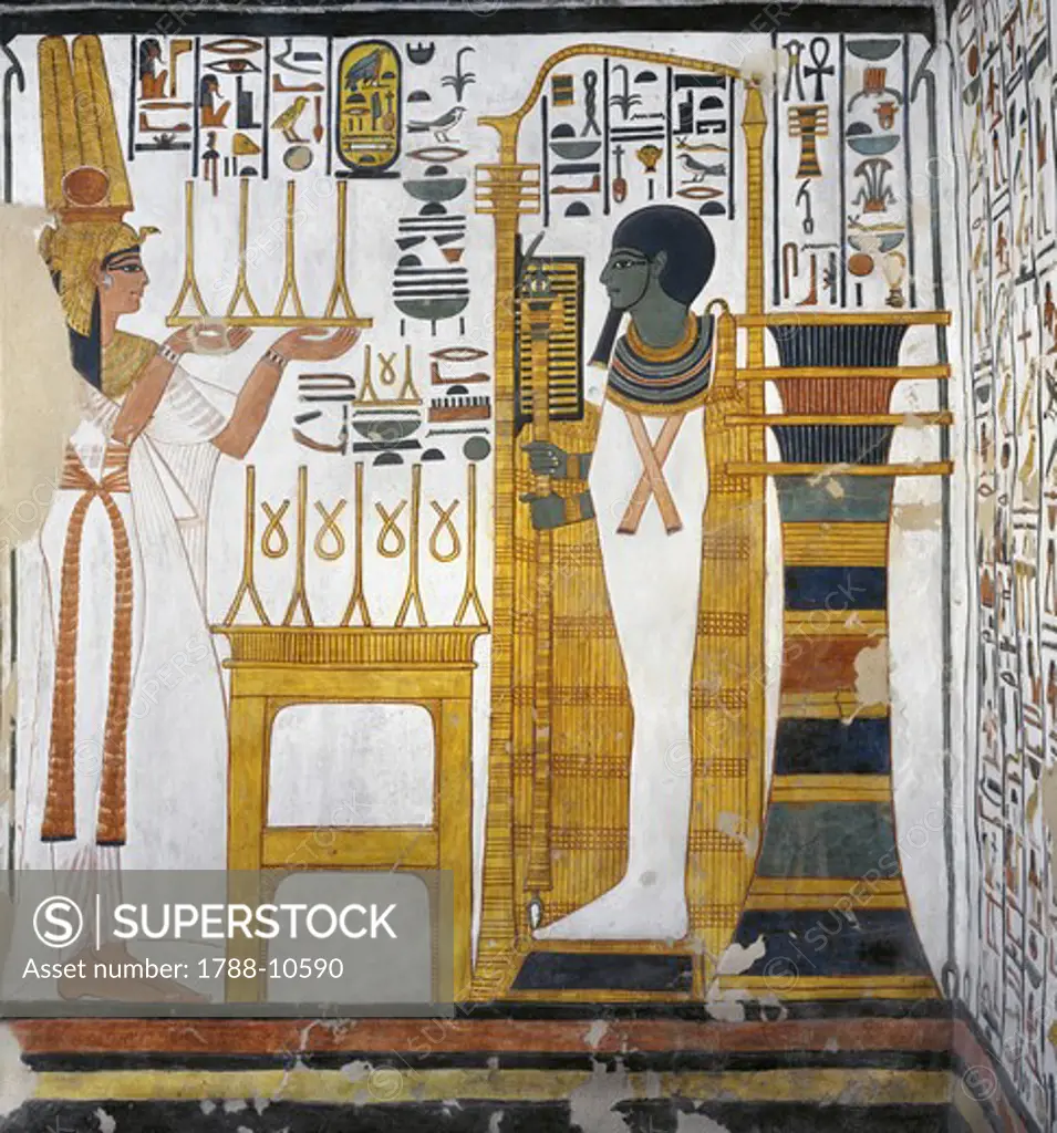Egypt, Thebes, Luxor, Valley of the Queens, Tomb of Nefertari, Annex to antechamber, Mural paintings, Queen before god Ptah and Osiris form 'djed' pillar
