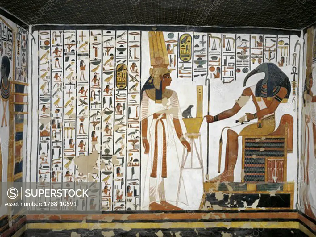 Egypt, Thebes, Luxor, Valley of the Queens, Tomb of Nefertari, Annex to antechamber, Mural paintings, Queen before divine scribe Thoth