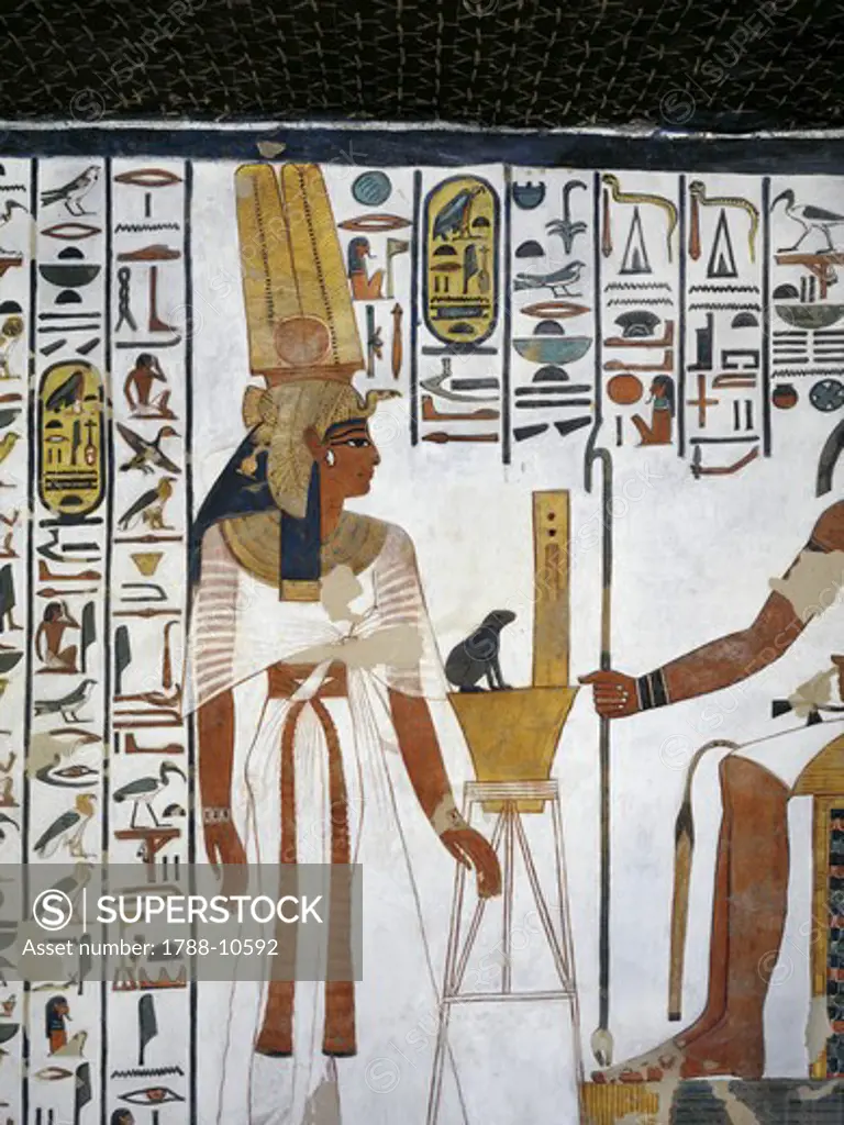 Egypt, Thebes, Luxor, Valley of the Queens, Tomb of Nefertari, Annex to antechamber, Mural paintings, Queen before divine scribe Thoth