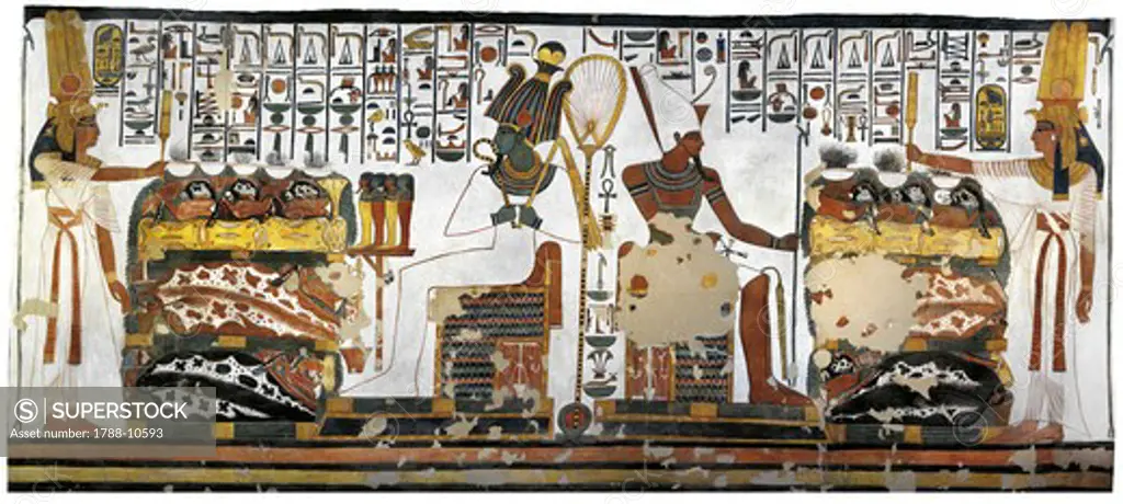 Egypt, Thebes, Luxor, Valley of the Queens, Tomb of Nefertari, Annex to antechamber, Mural paintings, Queen offering before Osiris and Atum