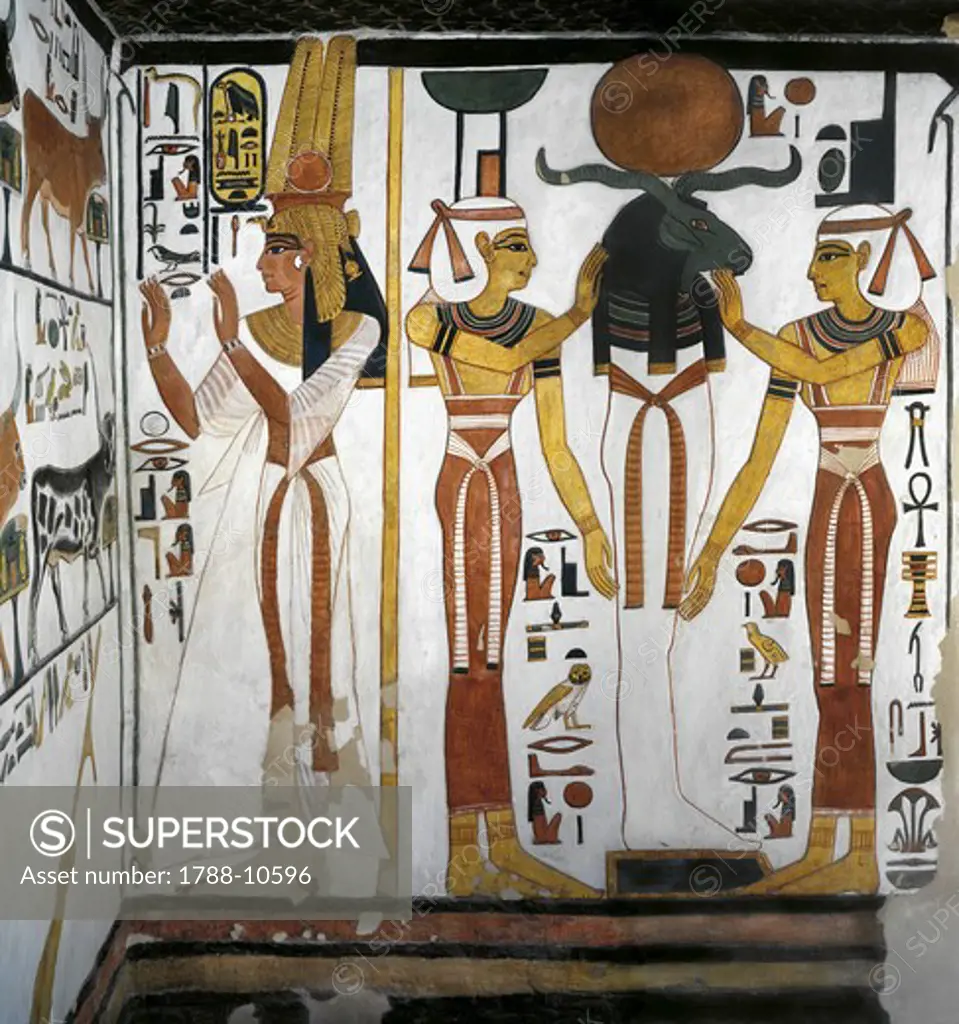 Egypt, Thebes, Luxor, Valley of the Queens, Tomb of Nefertari, Annex to antechamber, Mural paintings, Queen before divine entity representing Osiris resting in Ra in circle of goddesses Isis and Nephthy