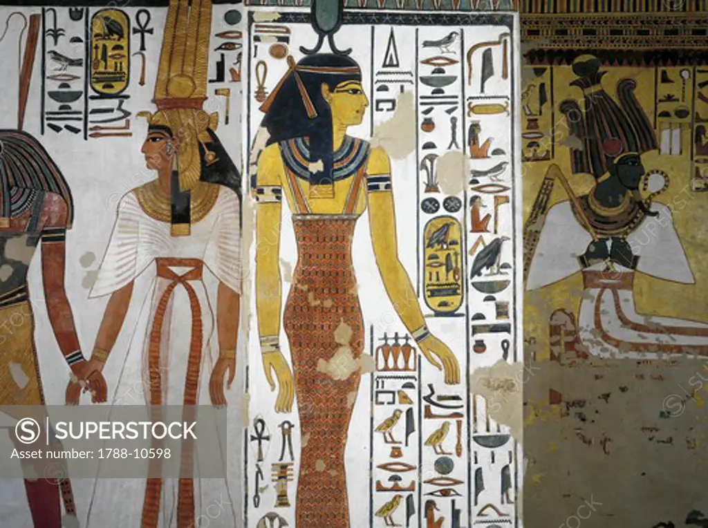 Egypt, Thebes, Luxor, Valley of the Queens, Tomb of Nefertari, Vestibule, Mural paintings, Harsiesi leads Queen by the hand, goddess Neith