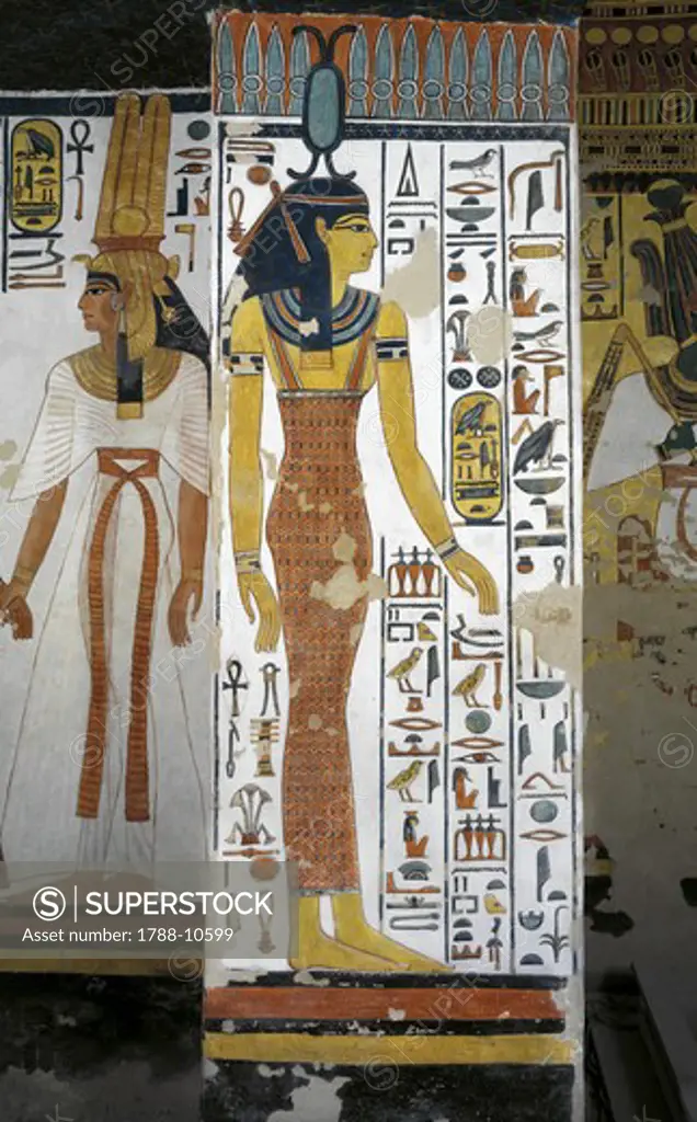 Egypt, Thebes, Luxor, Valley of the Queens, Tomb of Nefertari, Vestibule, Mural paintings, Queen, goddess Neith