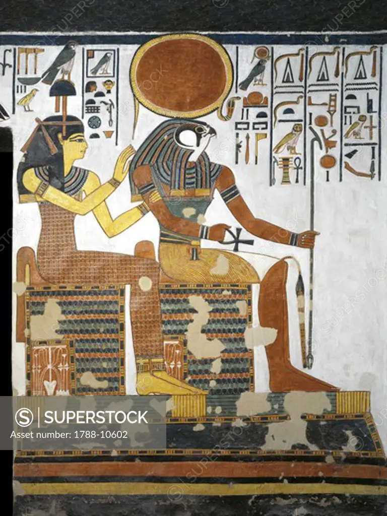 Egypt, Thebes, Luxor, Valley of the Queens, Tomb of Nefertari, Vestibule, Mural paintings, Gods Hathor-Imentet and Ra-Harakhty