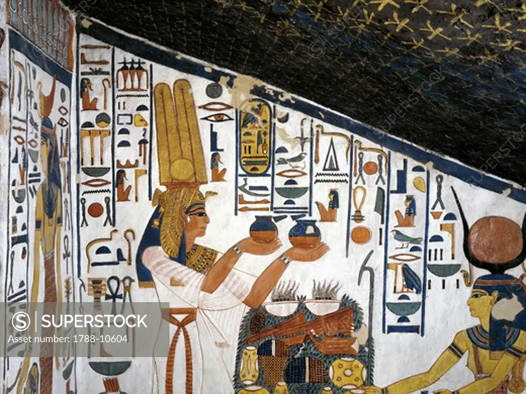 Egypt, Thebes, Luxor, Valley of the Queens, Tomb of Nefertari, Staircase, Mural paintings, Queen offering before Hathor