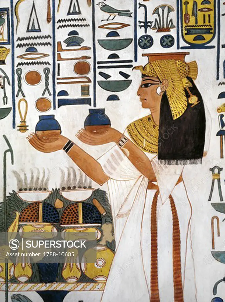 Egypt, Thebes, Luxor, Valley of the Queens, Tomb of Nefertari, Staircase, Mural paintings, Queen offering ritual vases