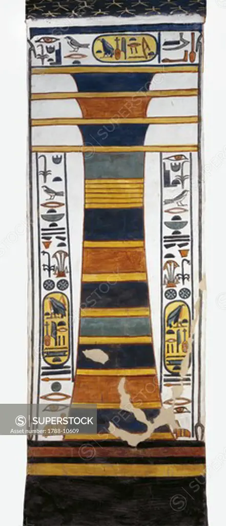 Egypt, Thebes, Luxor, Valley of the Queens, Tomb of Nefertari, Djed pillar representing Osiris' backbone bearing resurrection bone marrow within, from 19th dynasty
