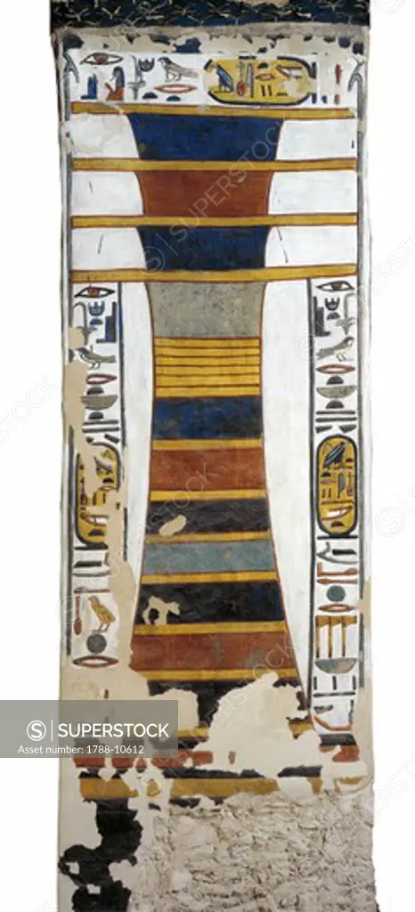 Egypt, Thebes, Luxor, Valley of the Queens, Tomb of Nefertari, Djed pillar representing Osiris' backbone bearing resurrection bone marrow within, from 19th dynasty
