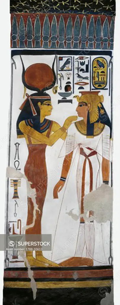 Egypt, Thebes, Luxor, Valley of the Queens, Tomb of Nefertari, mural painting of Hathor and queen in Burial chamber from 19th dynasty