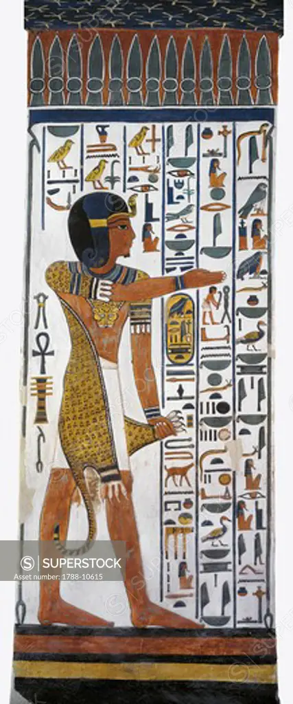 Egypt, Thebes, Luxor, Valley of the Queens, Tomb of Nefertari, mural painting of god Horus in Burial chamber from 19th dynasty