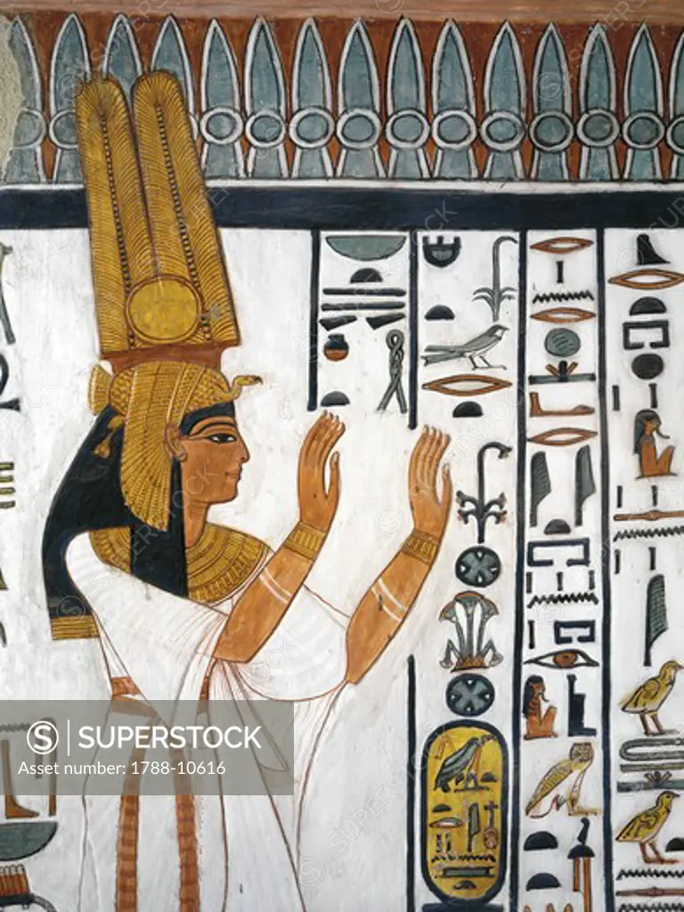 Egypt, Thebes, Luxor, Valley of the Queens, Tomb of Nefertari, mural painting of Queen reciting mortuary formula in Burial chamber from 19th dynasty