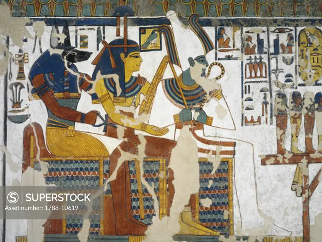 Egypt, Thebes, Luxor, Valley of the Queens, Tomb of Nefertari, mural painting of Anubis, Isis and Osiris in Burial chamber from 19th dynasty