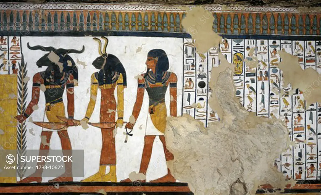 Egypt, Thebes, Luxor, Valley of the Queens, Tomb of Nefertari, mural painting from Illustrated Book of the Dead, Chapter 144, in Burial chamber from 19th dynasty