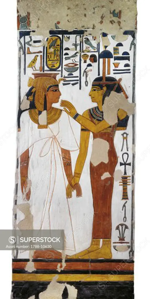 Egypt, Thebes, Luxor, Valley of the Queens, Tomb of Nefertari, mural painting of goddess Isis and queen on pillar in Burial chamber from 19th dynasty