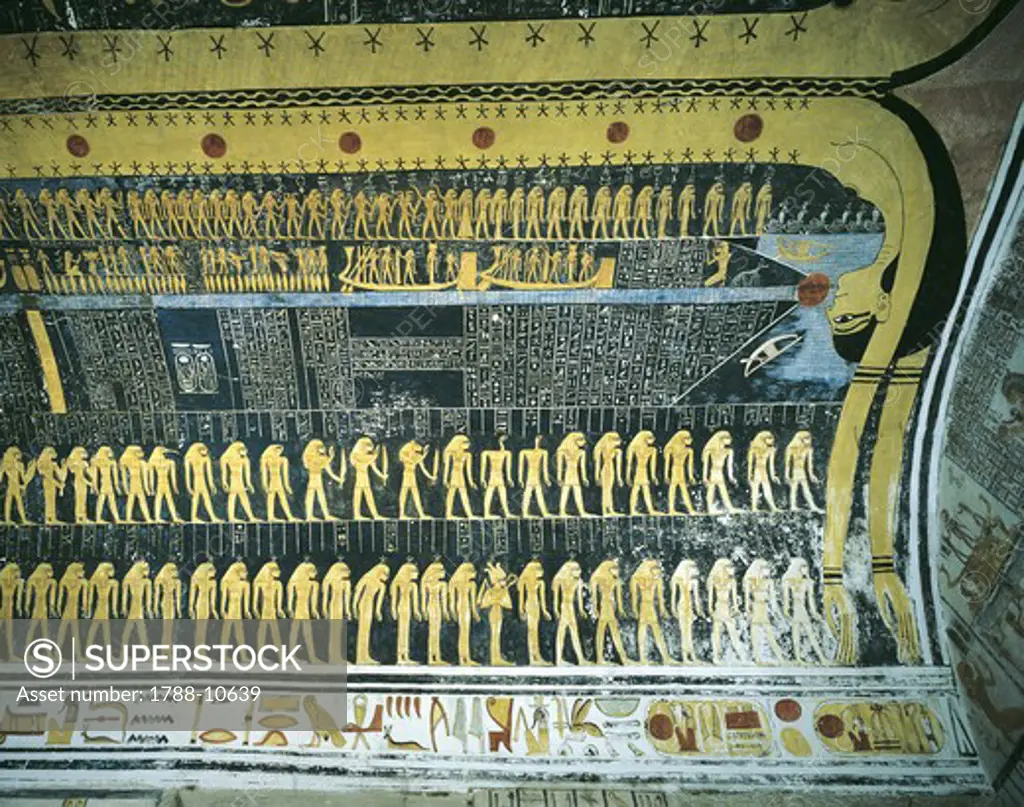 Egypt, Thebes, Luxor, Valley of the Kings, Tomb of Ramses VI, painted ceiling illustrating Book of the Day and Book of the Night cosmology from 20th dynasty
