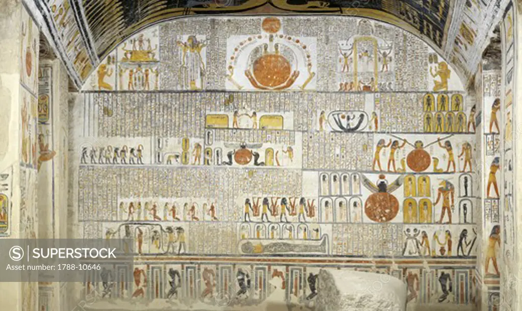Egypt, Thebes, Luxor, Valley of the Kings, Tomb of Ramses VI, mural paintings from Illustrated Book of the Earth in Burial chamber from 20th dynasty
