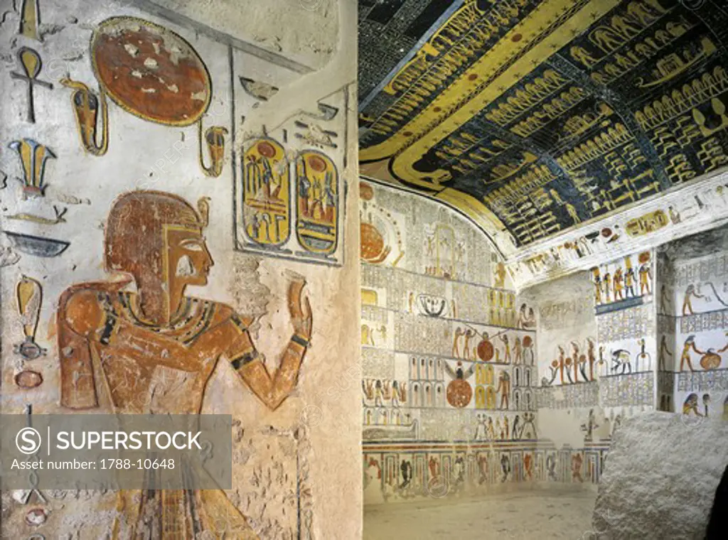 Egypt, Thebes, Luxor, Valley of the Kings, Tomb of Ramses VI, left wall mural paintings in Burial chamber from 20th dynasty